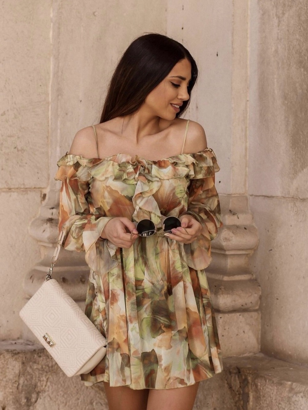 Zara Green and Orange Ruffle-Trim Long Sleeve off shoulders Dress